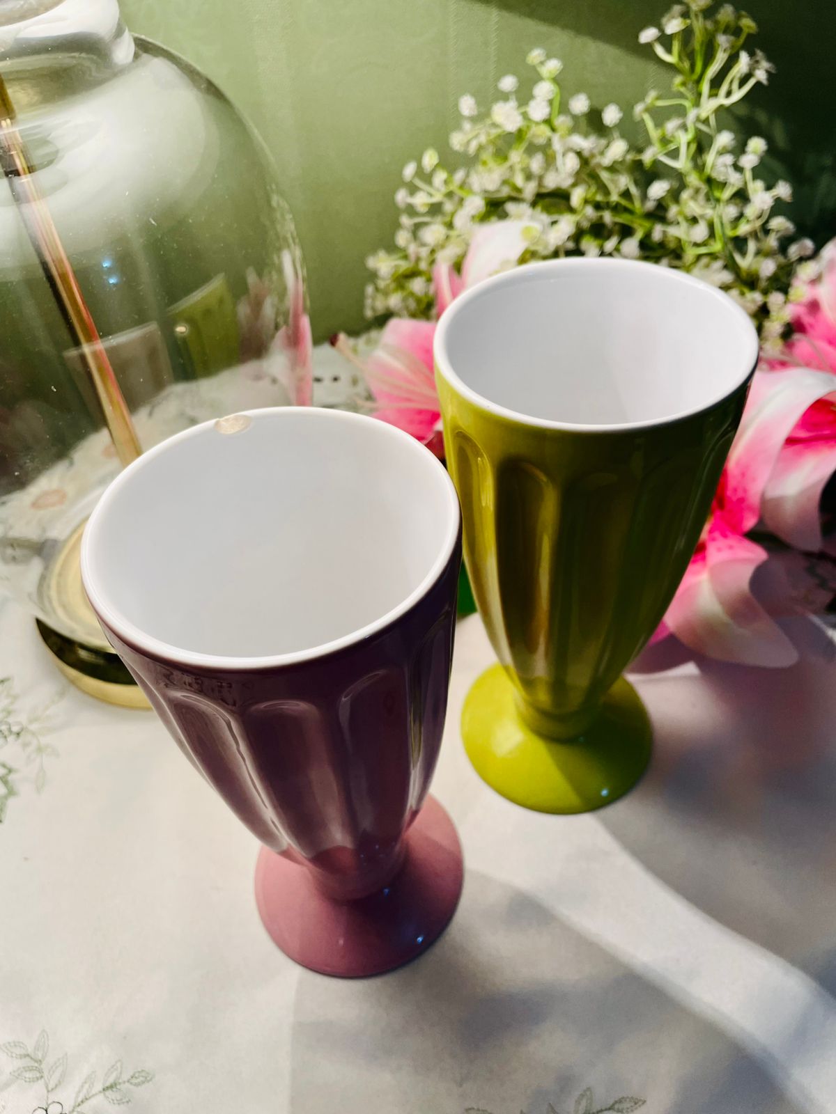 Vintage Pink & Green Ceramic Vases Set of 2 18 cm