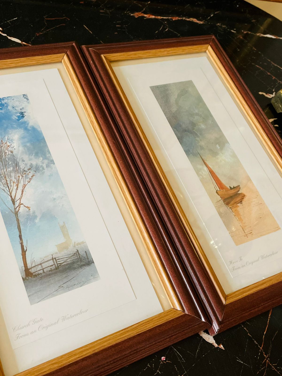 Set of 2 Vintage Framed Art Prints – “Church Gate” & Sailboat – Slim Landscape Artwork – Wooden Frames