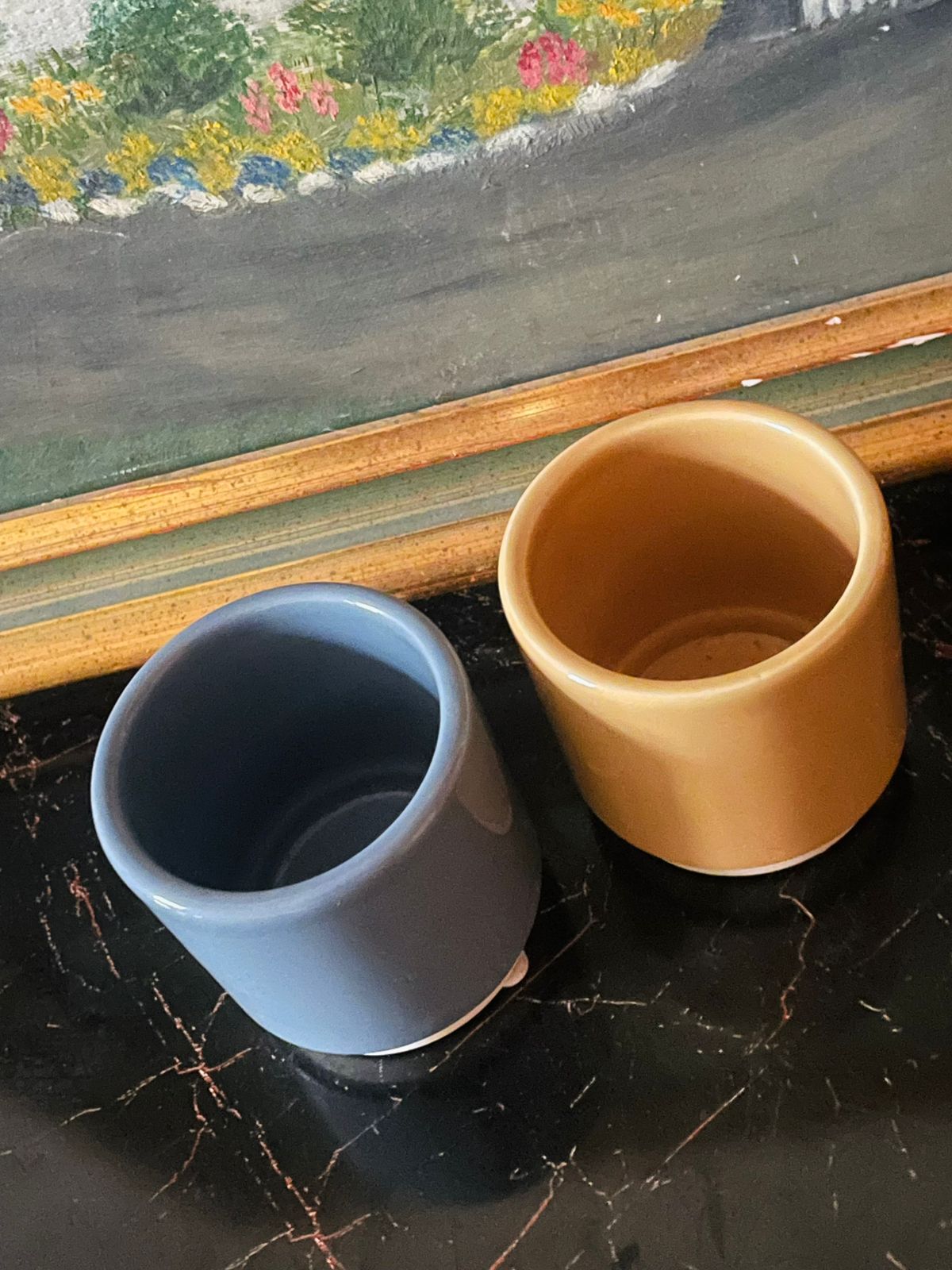 Mini Ceramic Plant Pots Set – Mustard & Blue Gloss Finish | Made in England