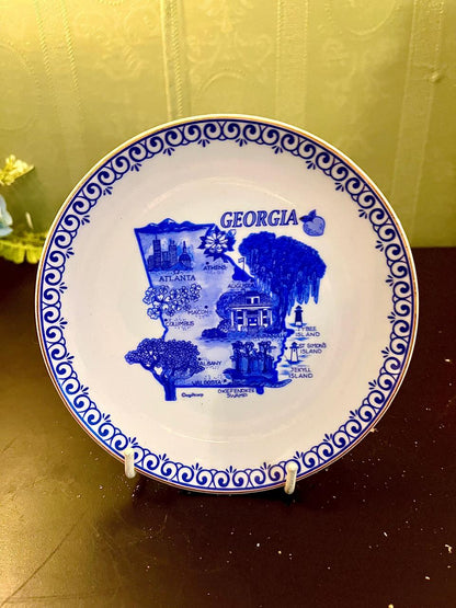 Vintage Georgia State Souvenir Plate 8 Inch Blue & White Ceramic Collectible
