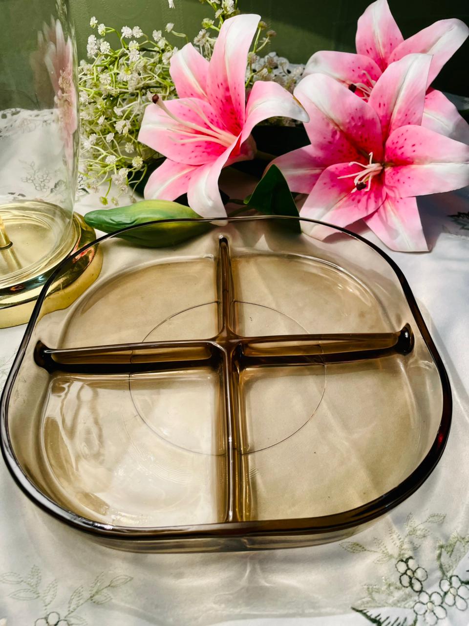 Vintage Amber Crystal 4-Compartment Serving Dish