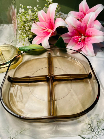 Vintage Amber Crystal 4-Compartment Serving Dish