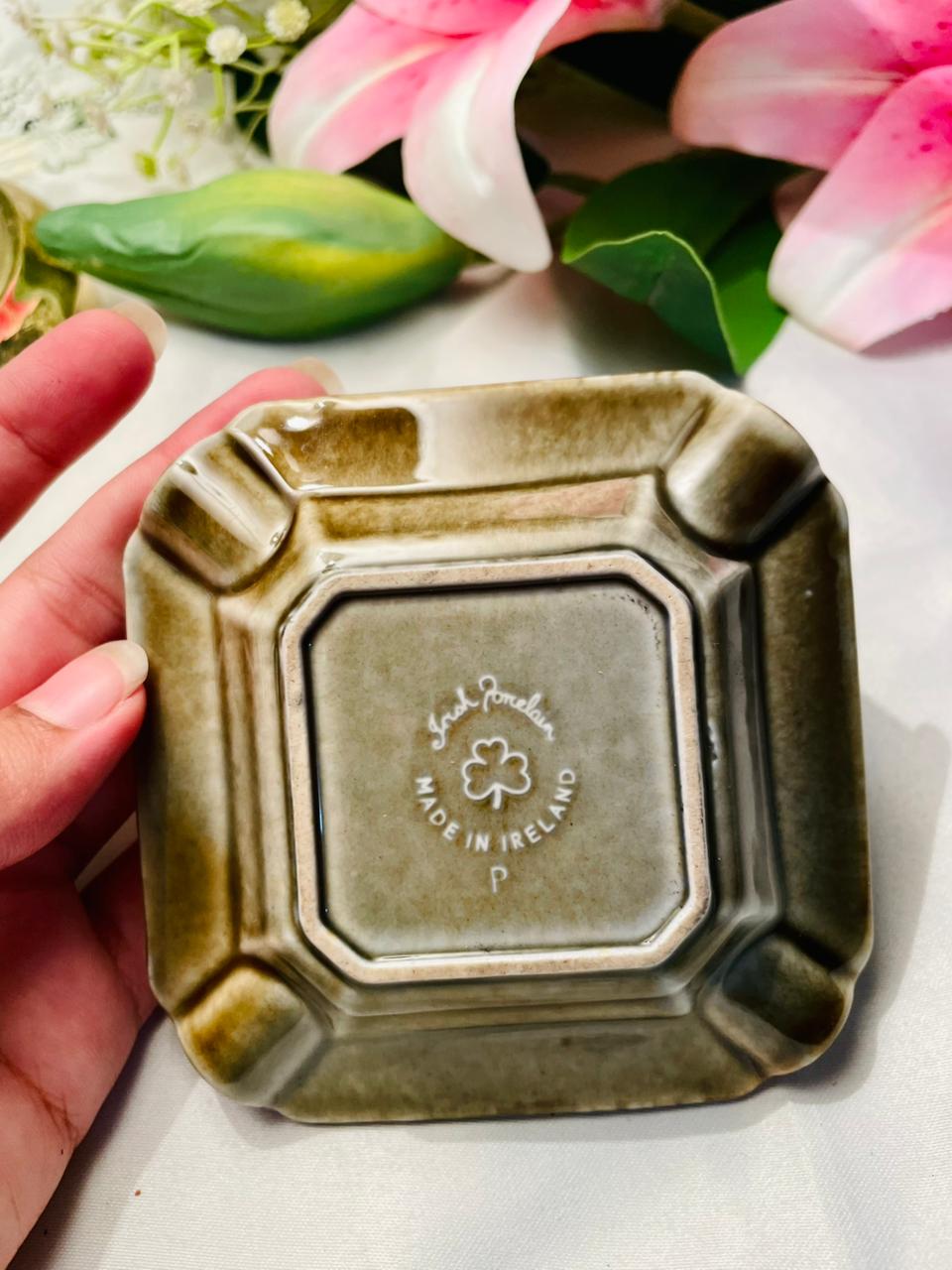 Brown Ceramic Decorative Ashtray with Raised Floral Detail 4 in