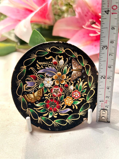 Hand-Painted Floral & Butterfly Decorative Plate Black Ground Approx. 8 cm