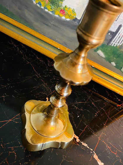 Vintage Brass Candlestick – Detailed Turned Mid-Section, Square Base