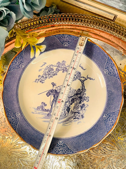 Vintage English Chinoiserie Decor Plate – Blue & Gold Trim