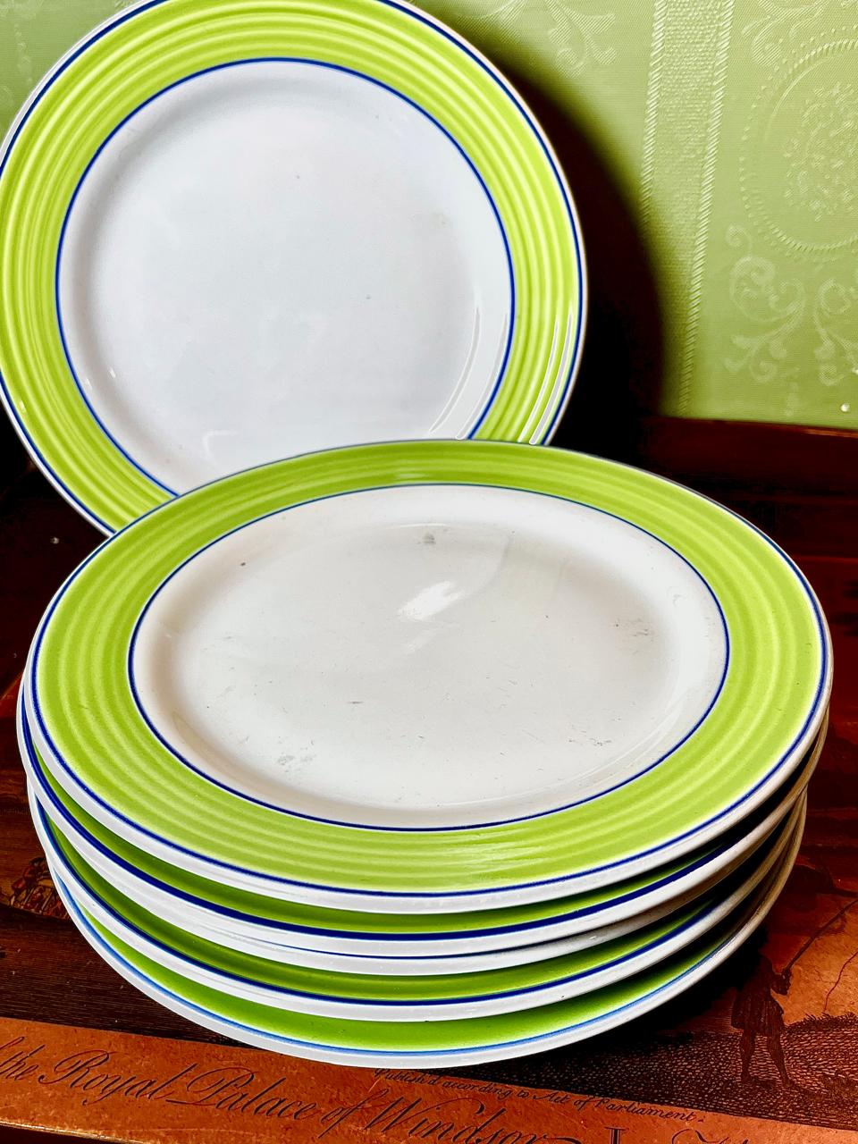 Rayware Green & Blue Rim Ceramic Medium Plates Set of 6 Approx. 8 Inch