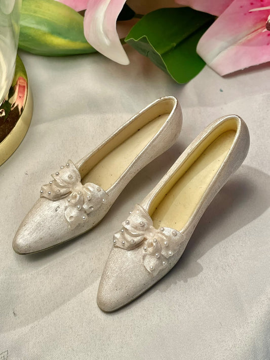 Vintage Silver Miniature Shoes with Pearl Bows, 2-Piece Set, 5 in