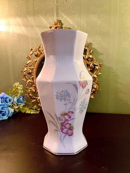 Pink Floral Porcelain Vase with Gold Rim