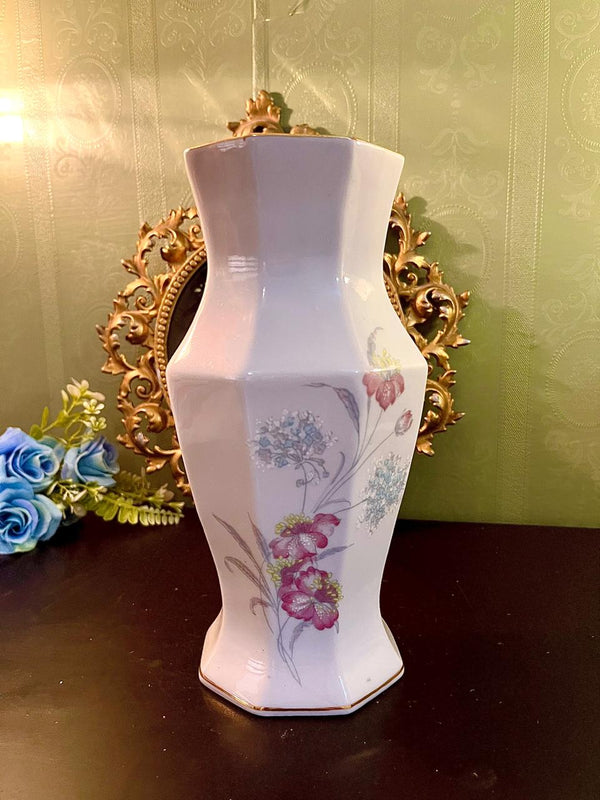 Pink Floral Porcelain Vase with Gold Rim