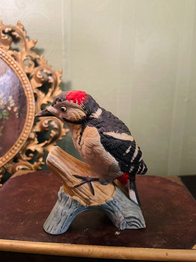 Vintage Woodpecker Bird Figurine on Log Décor