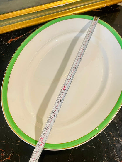 Vintage Oval Serving Platter with Green Rim & Gold Accent – England