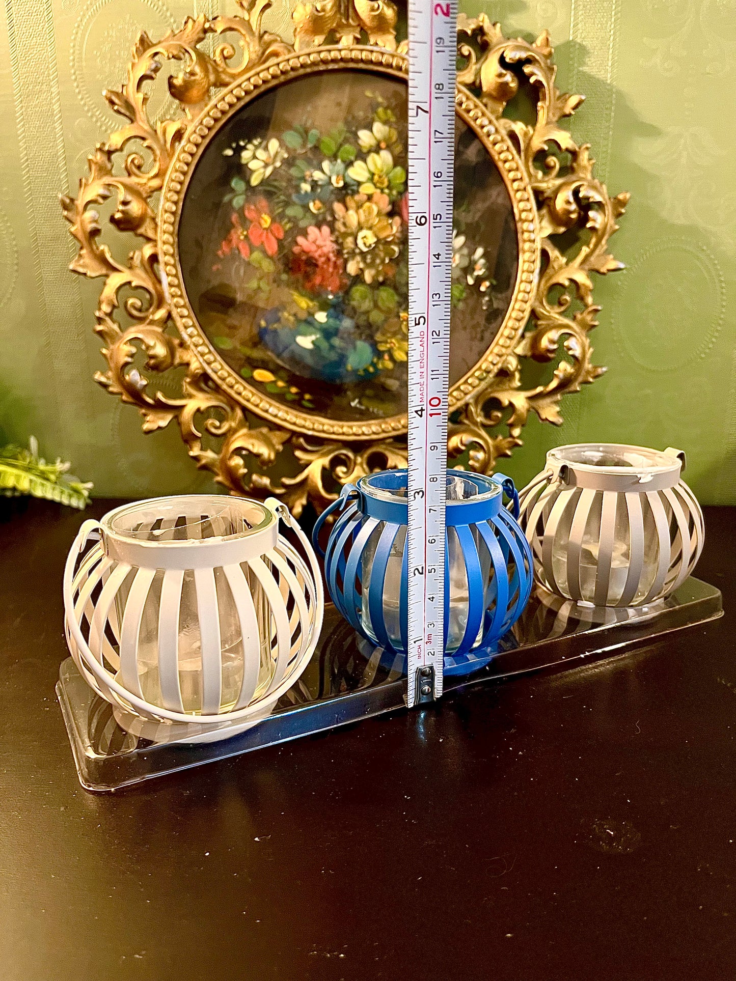 Set of 3 Mini Metal Lantern Tealight Candle Holders – Blue & White