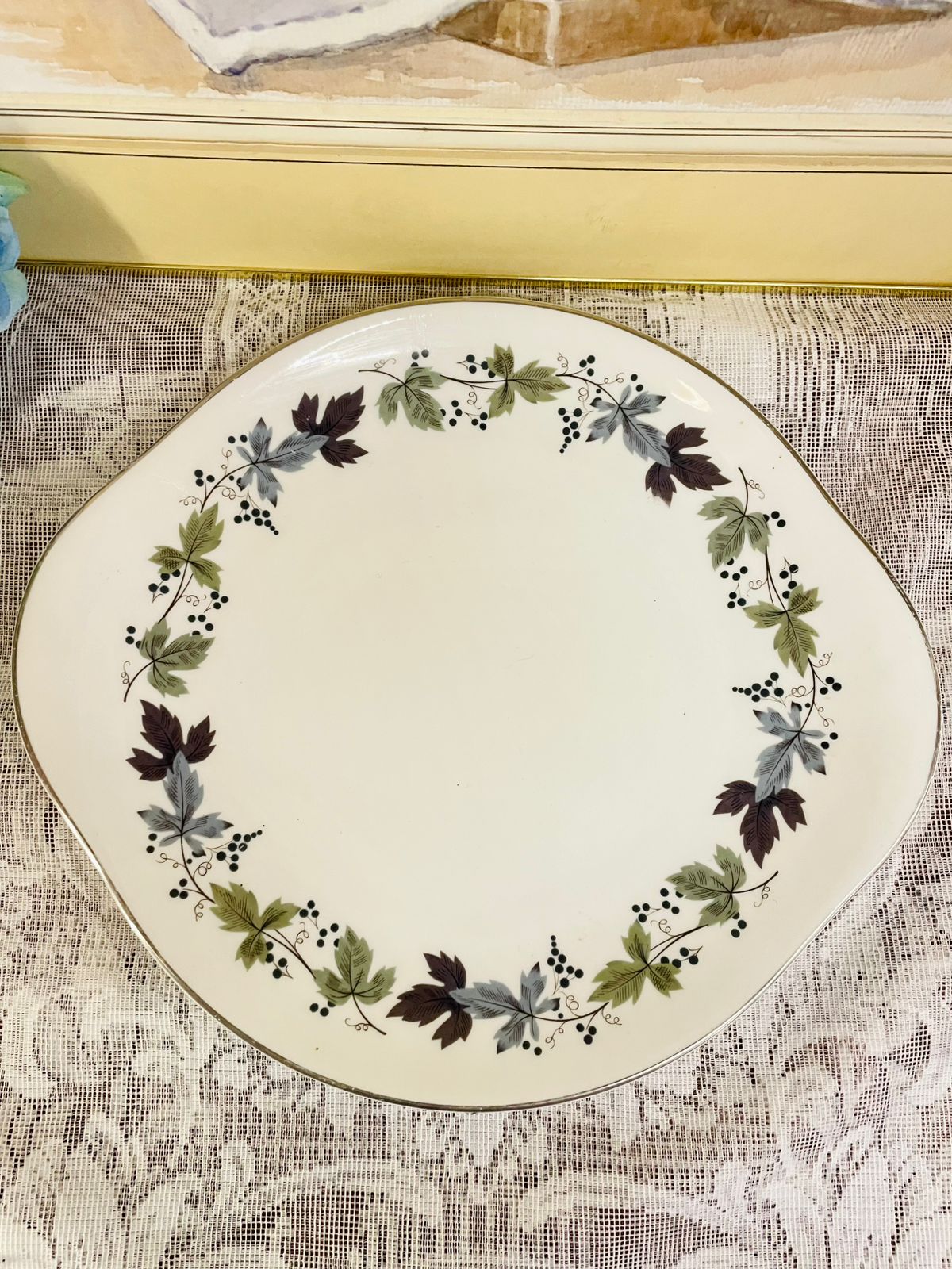 Vintage Burgundy Bone China Cake Platter | Elegant English Floral Design by Doulton & Co.