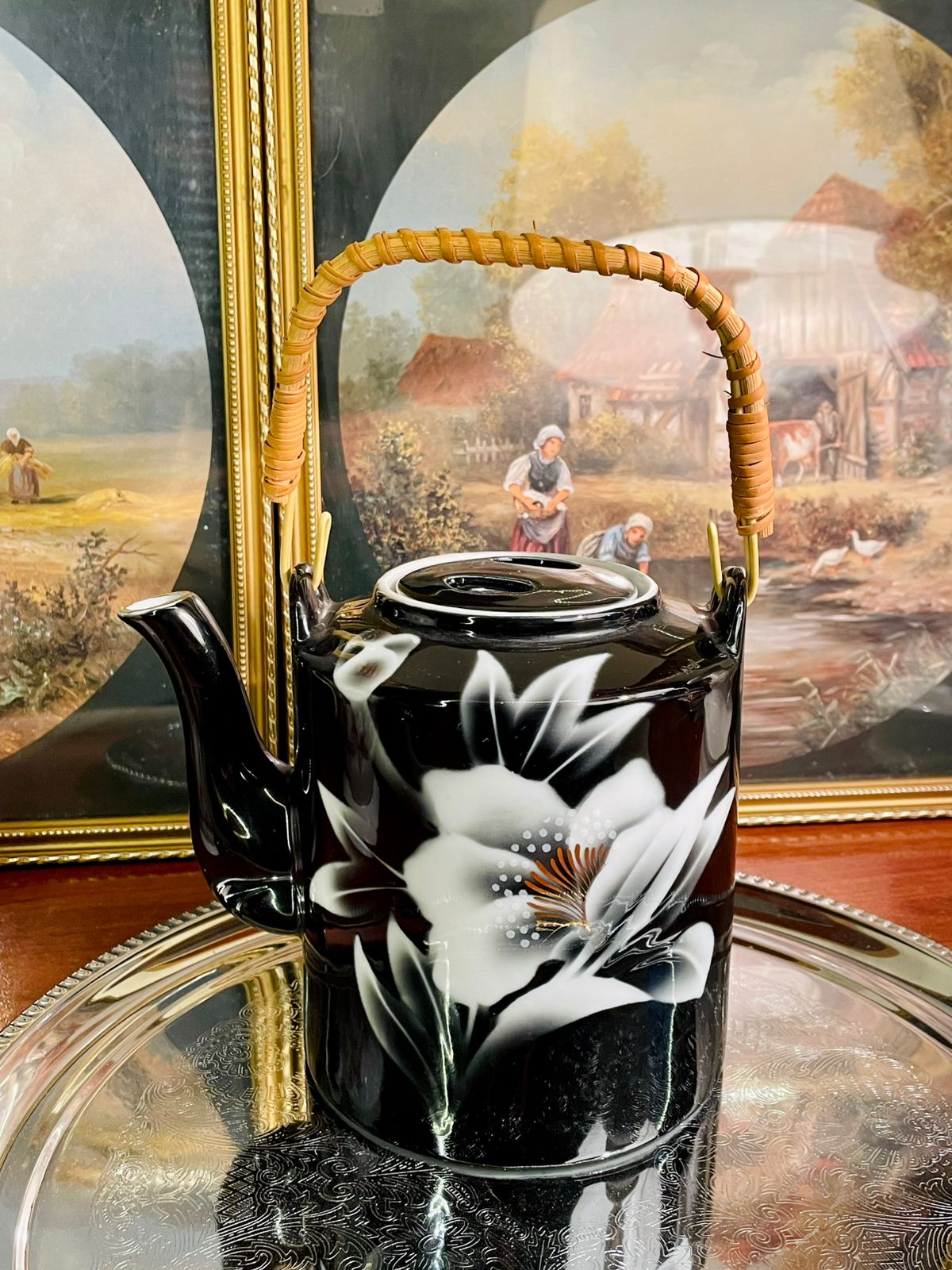 black teapot, floral teapot, bamboo handle teapot, Japanese style teapot, vintage kitchen decor, ceramic teapot, serveware, tea party decor, elegant teapot, display teapot, collector teapot, home decor, pottery, gift for her