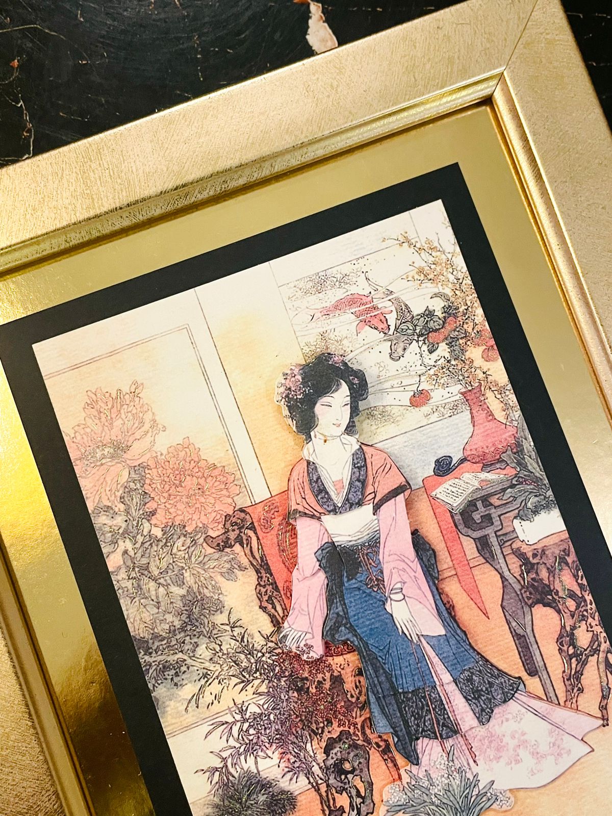 Framed Oriental Lady Print with Gold Frame 9.3 inch