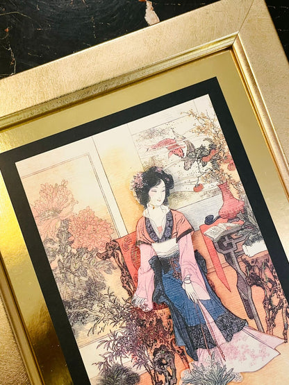 Framed Oriental Lady Print with Gold Frame 9.3 inch