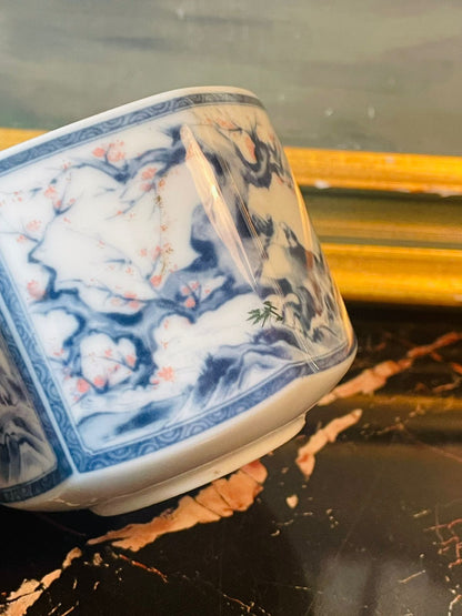 Japanese Porcelain Brush Pot – Blue & White Cherry Blossom Landscape