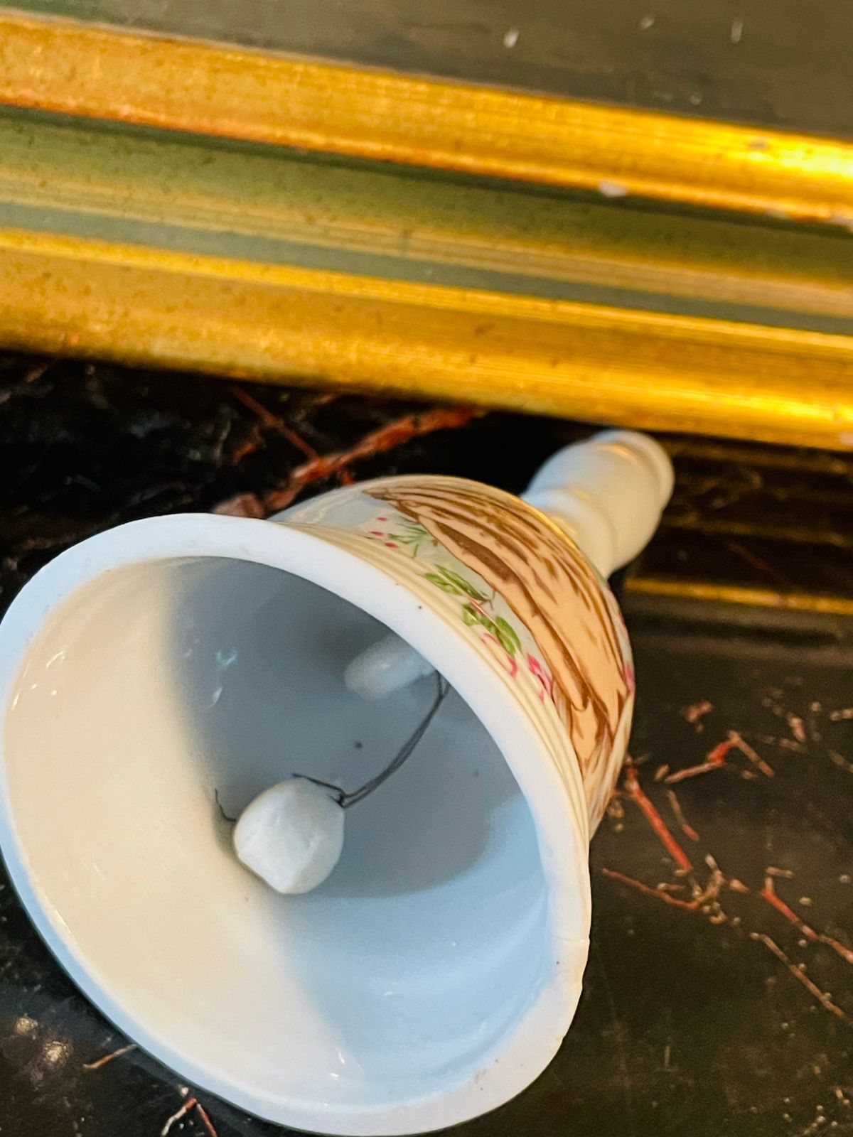 Vintage Hand-Painted Ceramic Bell with Floral & Ribbon Motif – 5 Inches Tall