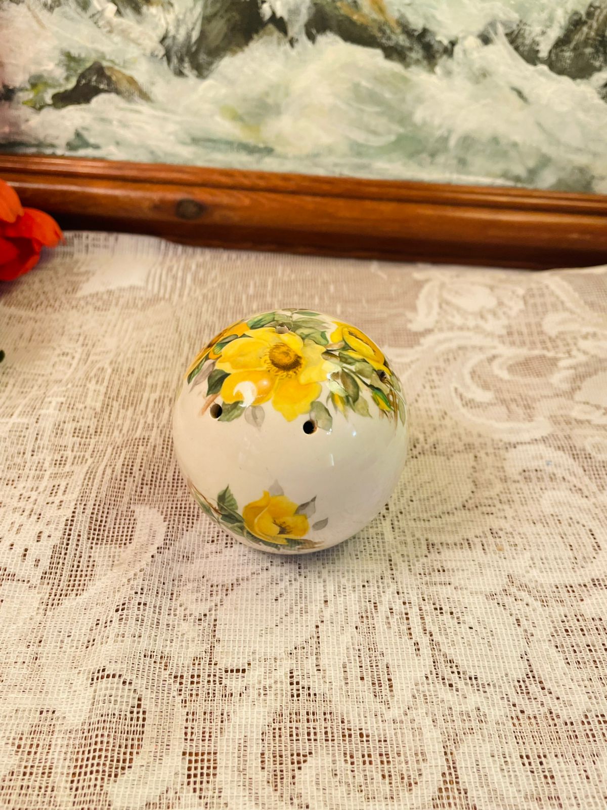 Vintage Yellow Rose Ceramic Pomander Ball Ornament