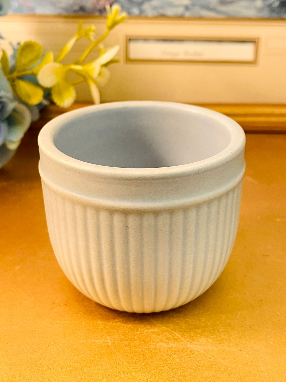Grey Ribbed Ceramic Planter Minimal Modern Small Pot