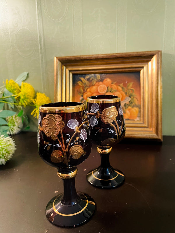 Antique Bohemian Black Glass Goblets Pair – 15 cm