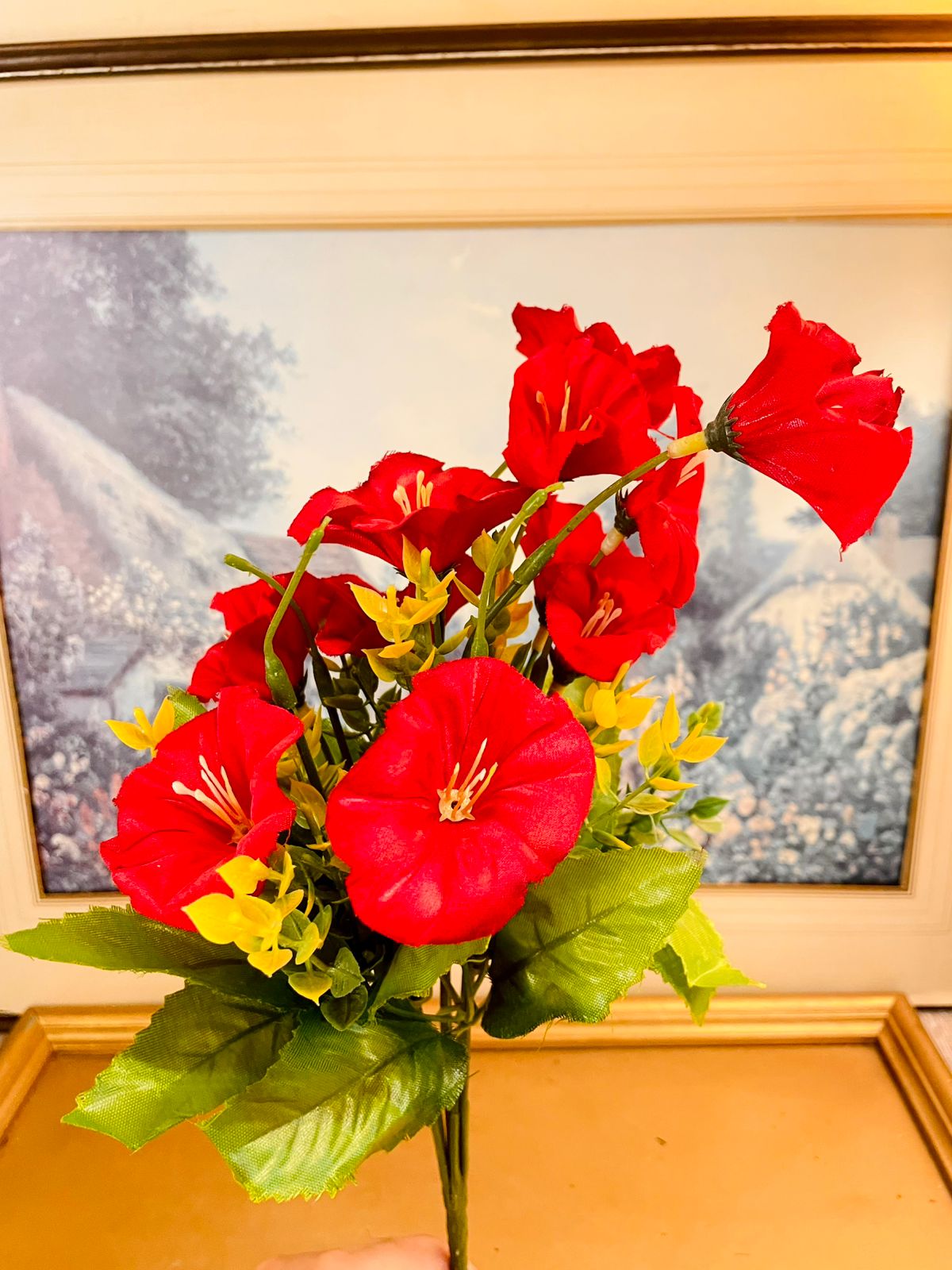 Vintage Red Faux Lily Floral Bouquet 13"