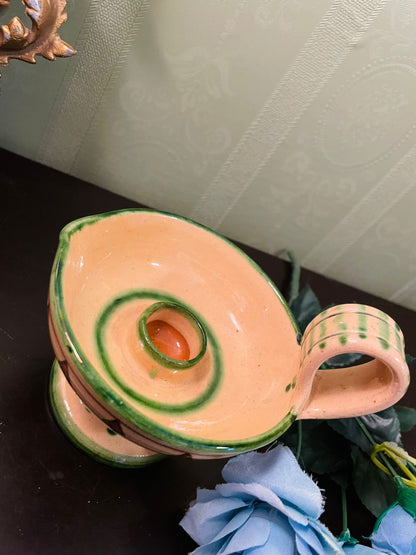 Vintage Hand-Painted Ceramic Chamberstick Candle Holder
