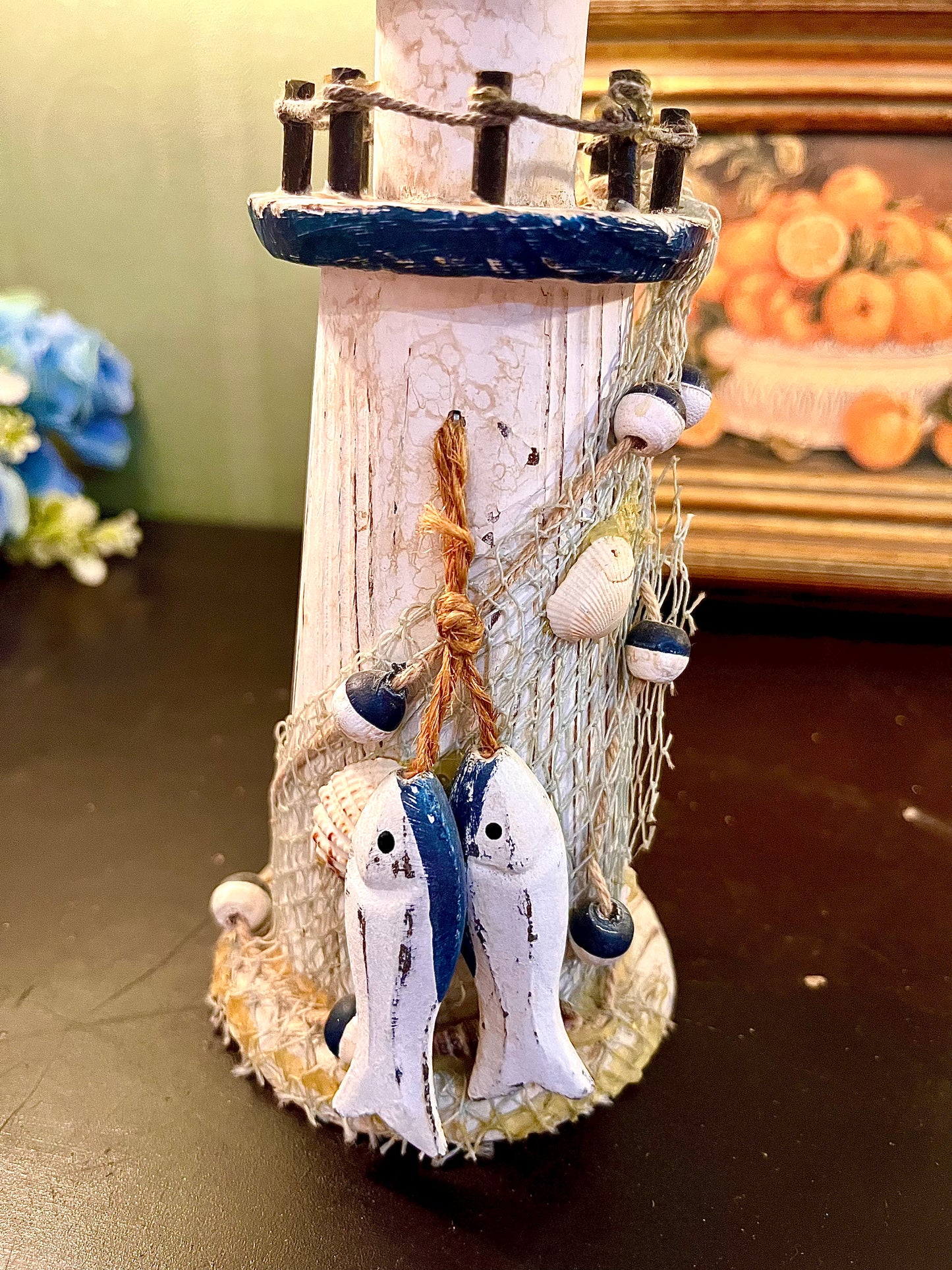 Nautical Lighthouse Ornament with Fishing Net – Coastal Home Decor