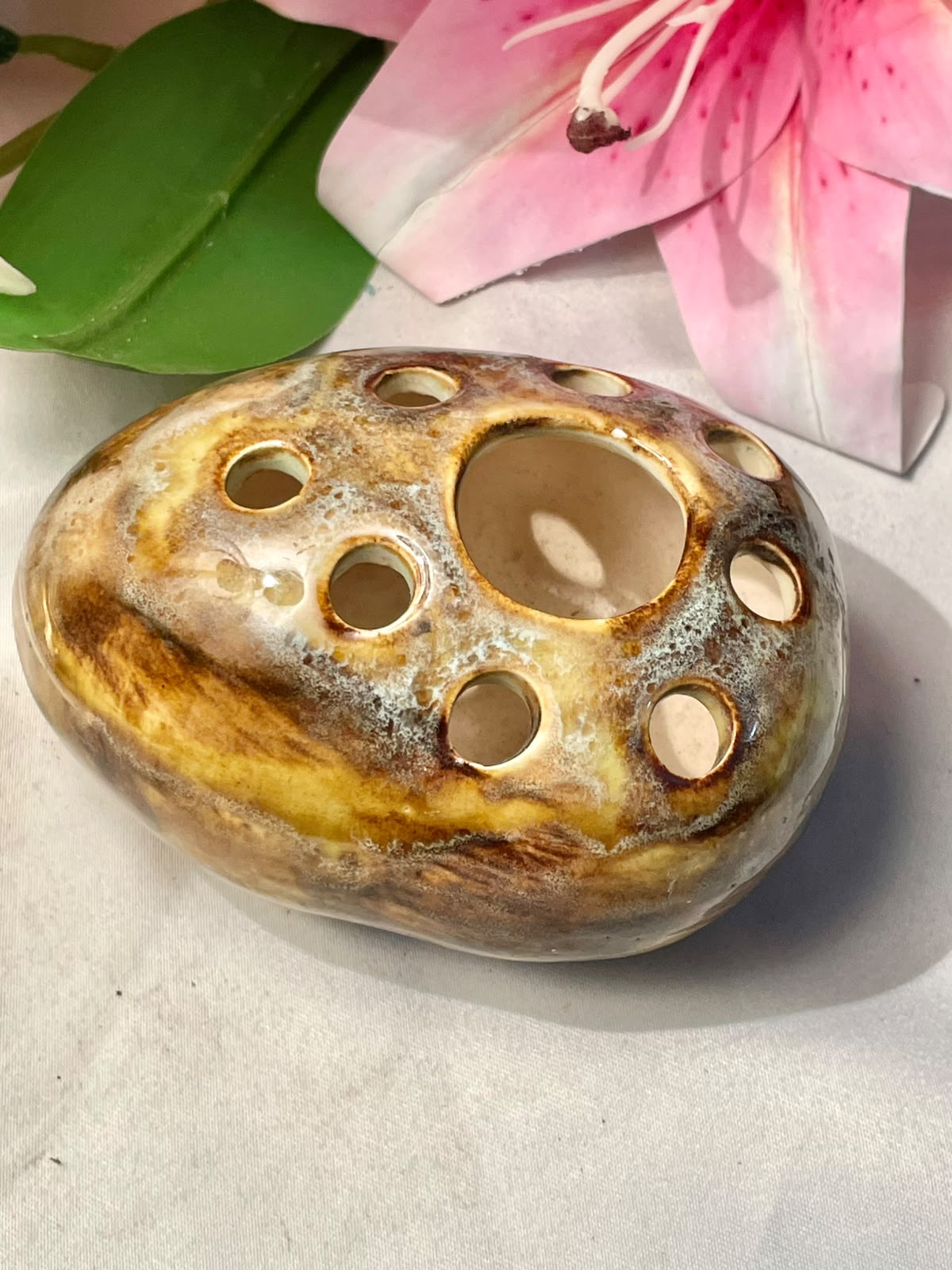 Vintage Ceramic Flower Frog Vase Brown Glaze 4 in