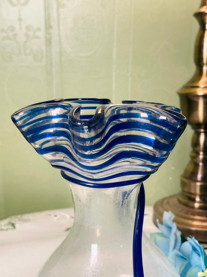 Vintage Blue Swirl Ruffle Art Glass Vase 18 cm