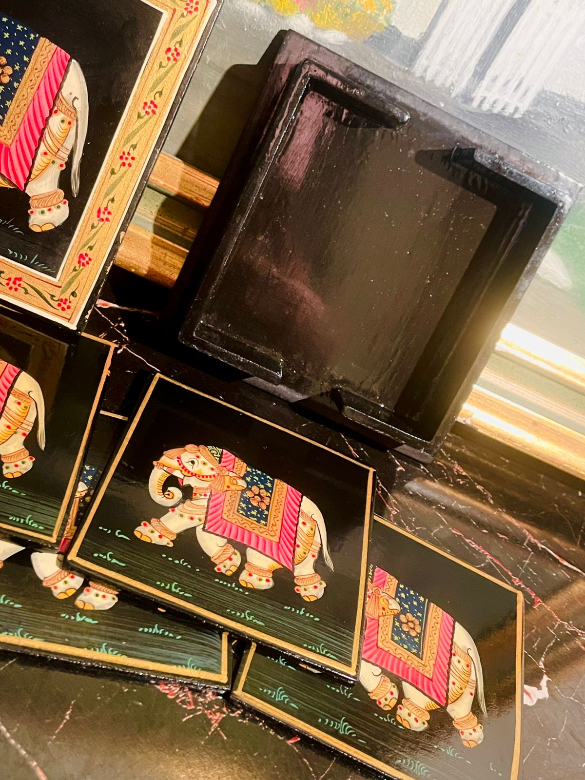 Hand-Painted Elephant Coaster Set (6 pcs with Box) — Rajasthani Art Style