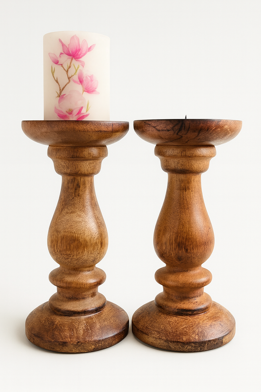 Set of 2 Carved Wooden Pillar Candle Holders – Vintage Rustic Décor
