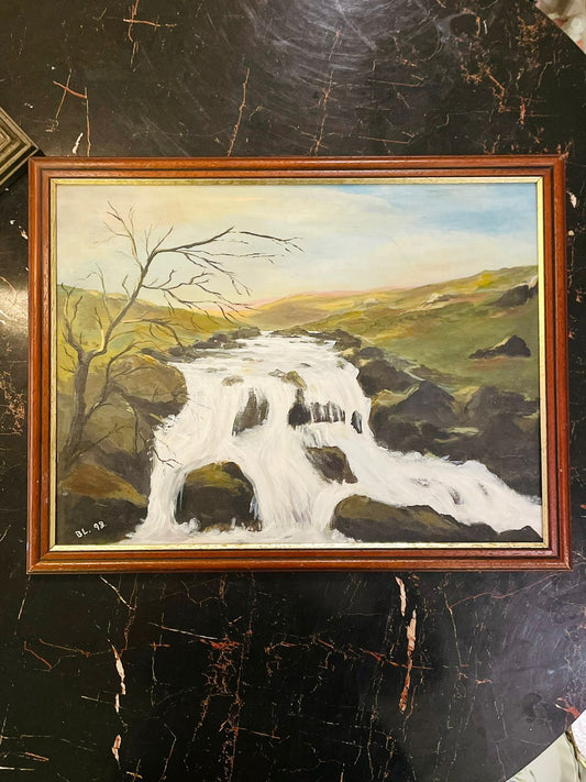 Framed Waterfall Landscape Painting on Canvas Panel 17 inch