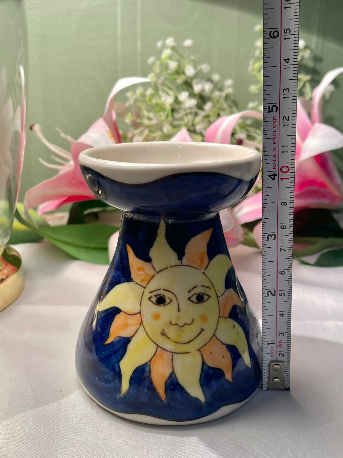 Hand painted Blue Sun Motif Ceramic Pedestal Buner 4.2 Inch