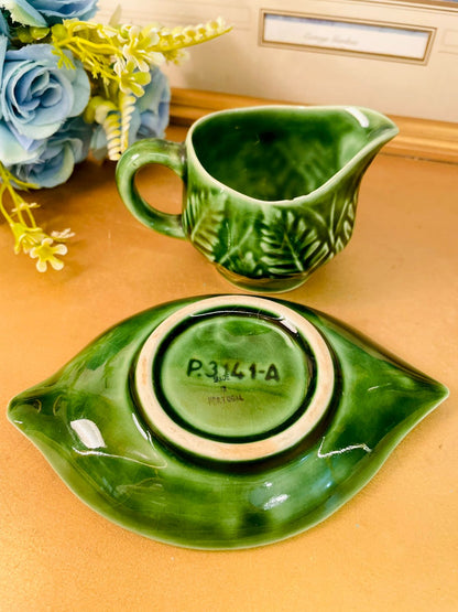 Vintage Green Leaf Creamer & Saucer Set Portugal