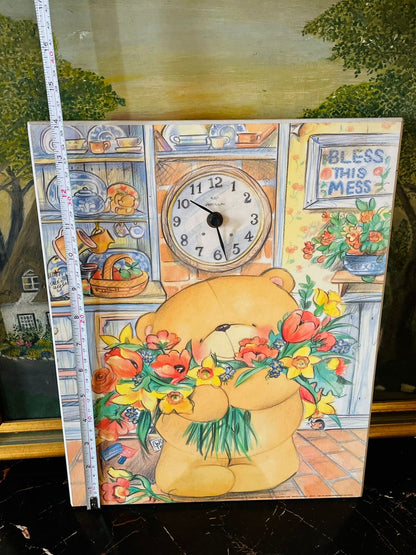 Vintage Teddy Bear Wall Clock – Floral Cottage Kitchen Artwork