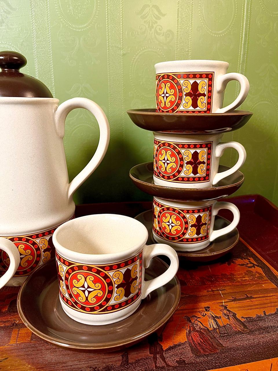 Vintage Stoneware Tea Set | 11 Pieces | Retro Geometric Pattern
