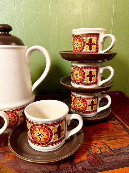 Vintage Stoneware Tea Set | 11 Pieces | Retro Geometric Pattern