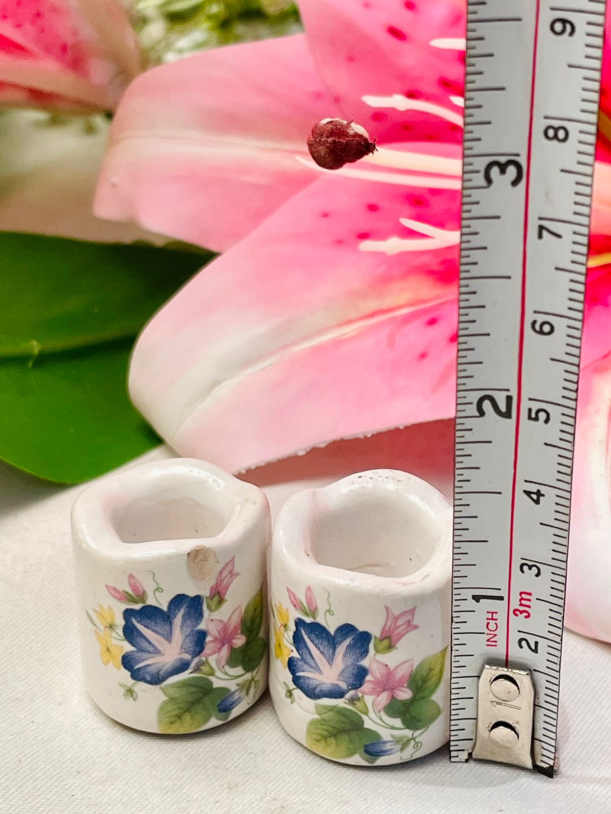 Vintage Floral Porcelain Mini Holders Pair Approx. 4 cm Tall