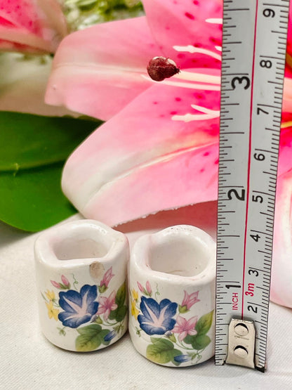 Vintage Floral Porcelain Mini Holders Pair Approx. 4 cm Tall