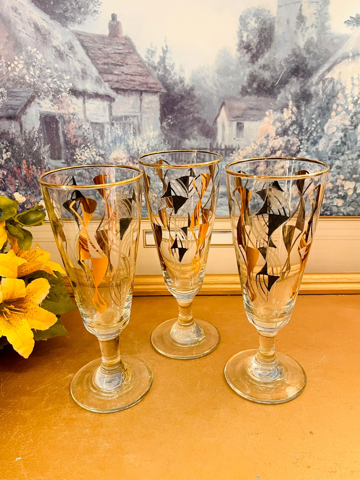 Set of 3 Vintage Gold and Black Cocktail Glasses – Mid Century Barware Glasses