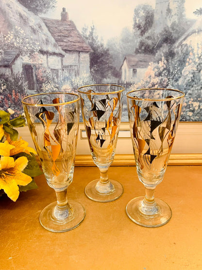Set of 3 Vintage Gold and Black Cocktail Glasses – Mid Century Barware Glasses