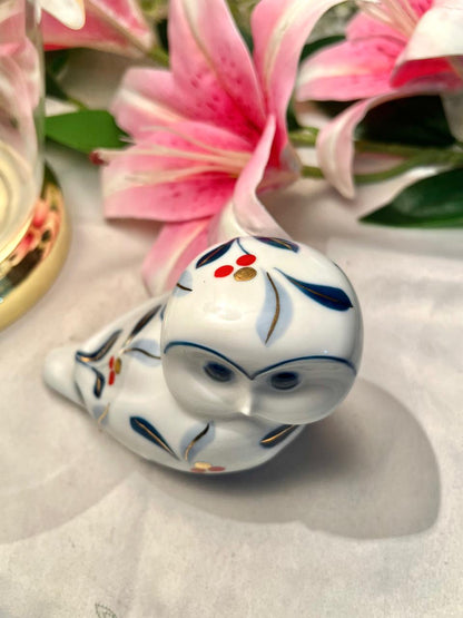 Vintage Blue & White Owl Figurine with Gold Accents 10 cm