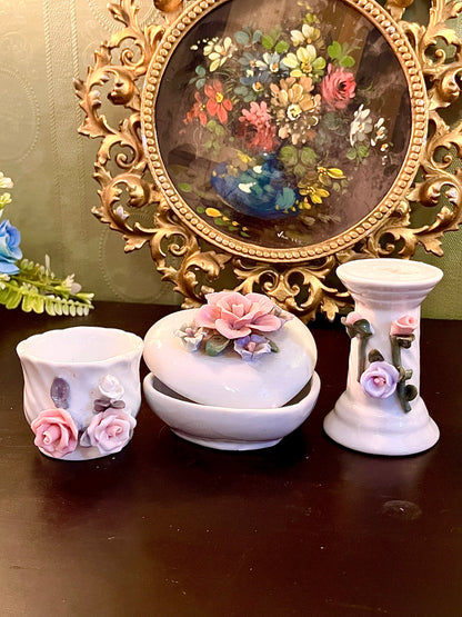 Vintage Porcelain Floral Vanity Set 3 Piece Trinket Box Candle Holder Bud Vase