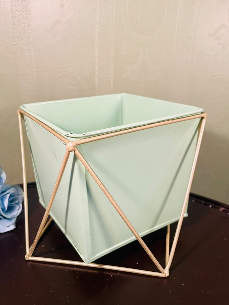 Modern Mint Green Metal Planter with Gold Stand – 7 Inch