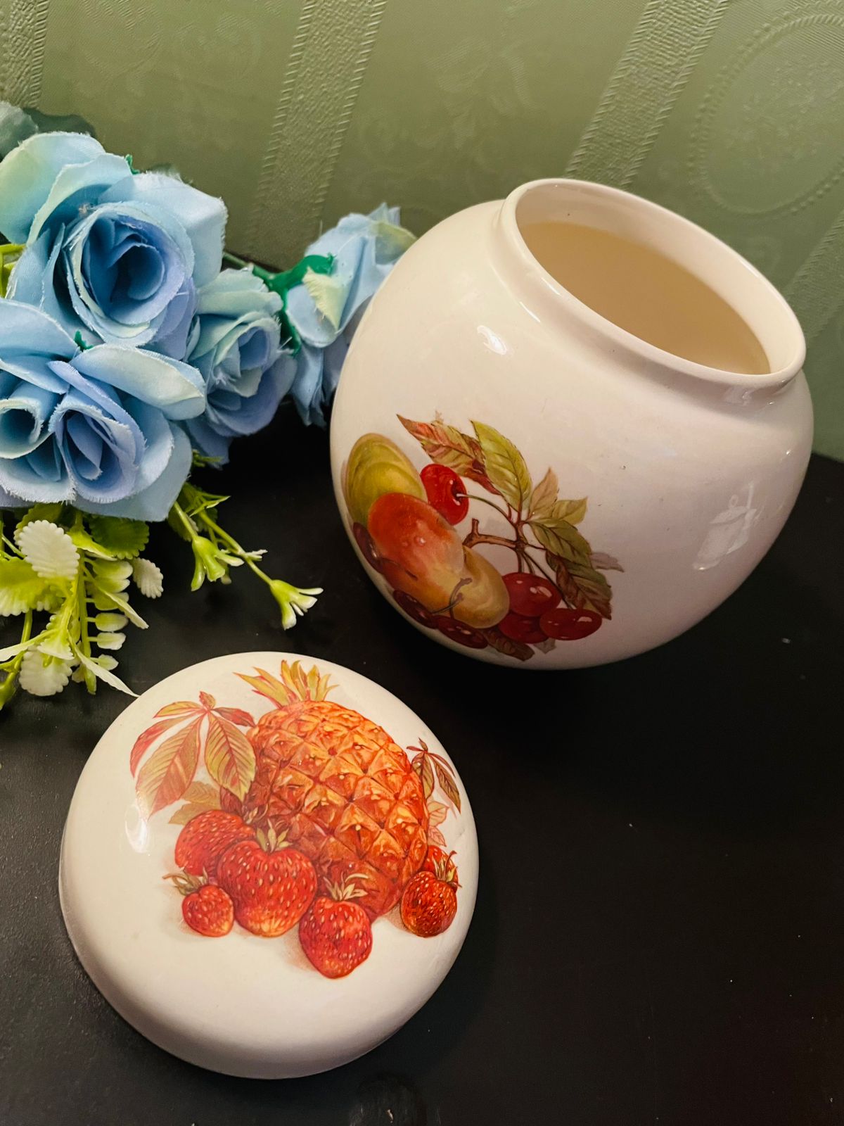 Vintage Fruit Motif Ceramic Ginger Jar with Lid