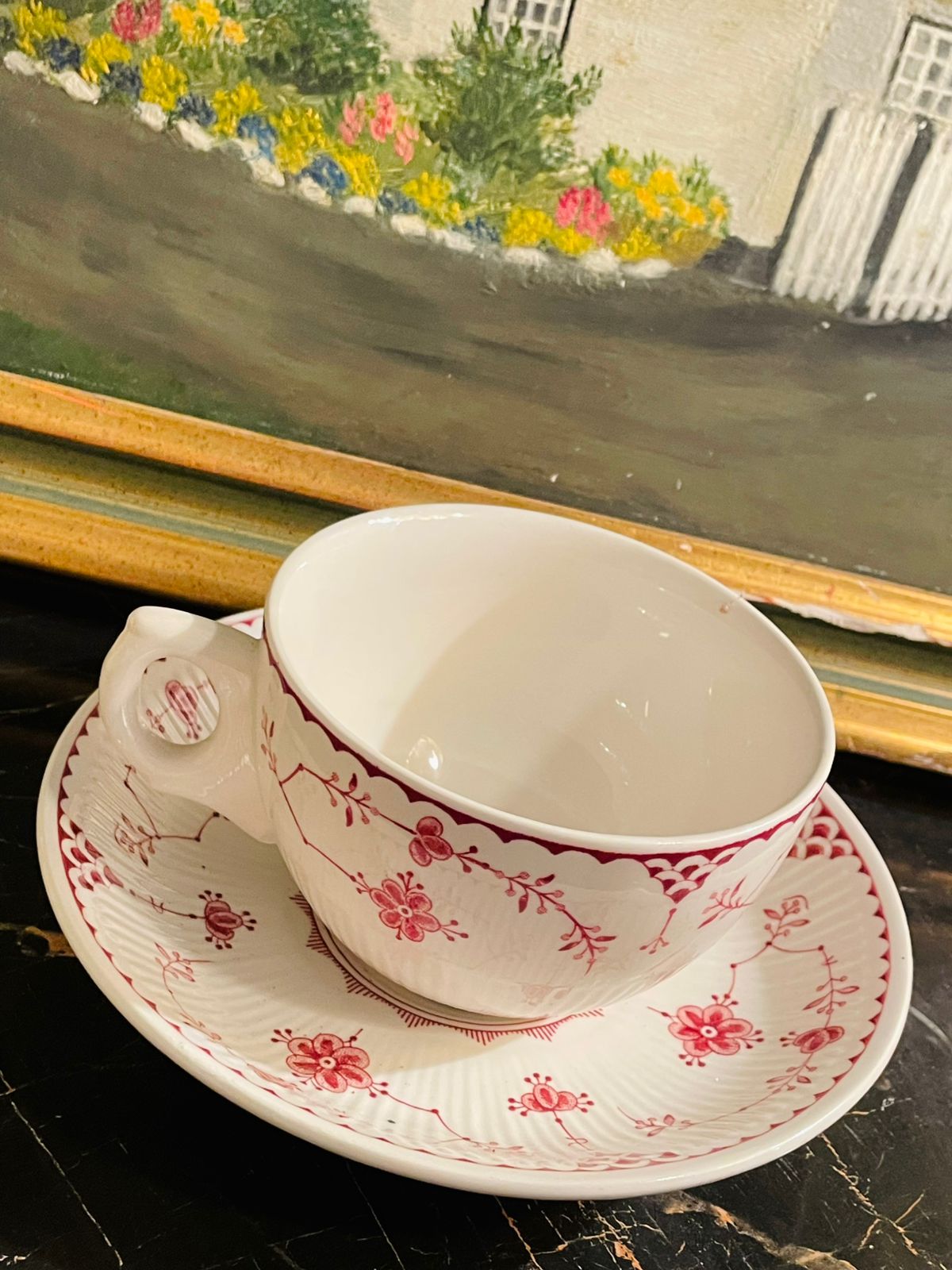Vintage Ruby Red Grass Patterned Ceramic Tea Cup & Saucer