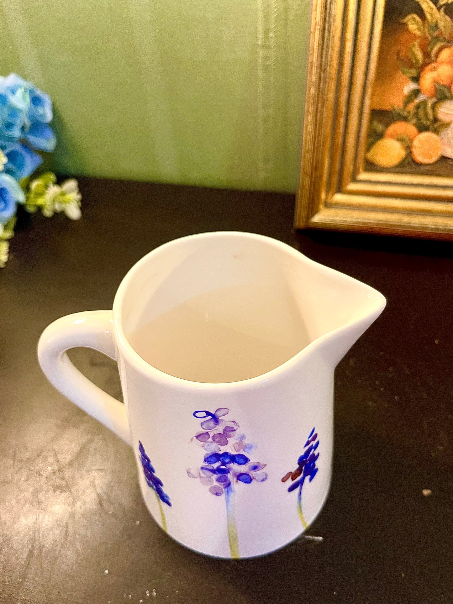 White Ceramic Floral Jug – Purple Delphinium Flower Pitcher