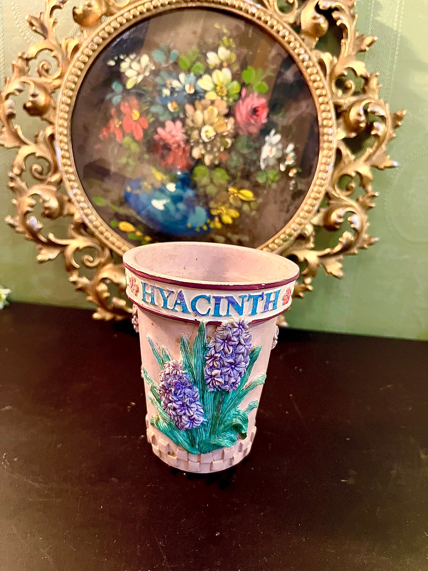 Vintage Embossed Hyacinth Ceramic Vase Planter Cache Pot 4 Inch Floral Relief